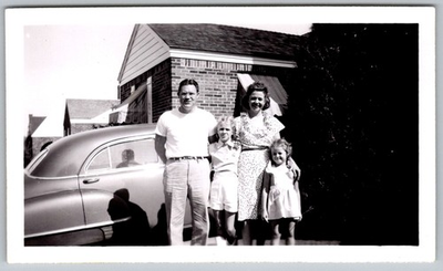 #ad #ad Vtg Bamp;W Snapshot Happy Family Of Four With Vintage Car By Brick House 1950s $7.99