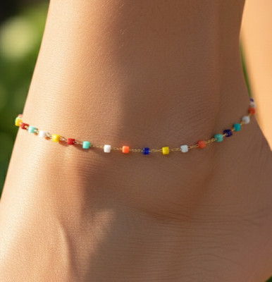 Boho Rainbow Bead Anklet 18K Gold Tone Plated Minimalist Chain Handmade Design