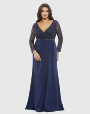 Mac Duggal Midnight Blue Long Sleeve Lace Bodice Beaded Belt Dress Size 14W $498