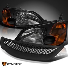 Fits 2001-2003 Honda Civic 24dr Coupe Sedan Black Headlightst-r Mesh Grille