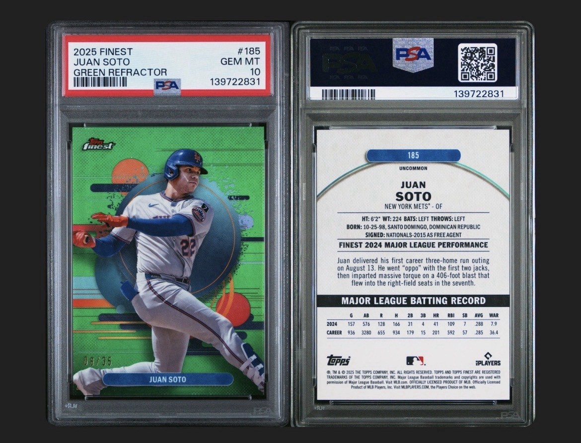 2025 Topps Finest Juan Soto GREEN REFRACTOR /35 #185 PSA 10 GEM MINT 🔥 POP 2! view 3