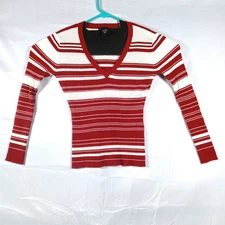 new york and company Light V-neck Sweater Woman's XS Red And White Striped Soft 