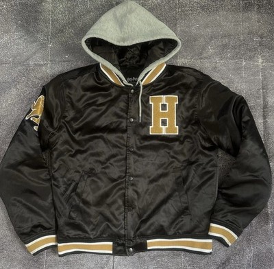 Harry Potter Hufflepuff Varsity Jacket Hooded Embroidered Logo Quilted Black XL