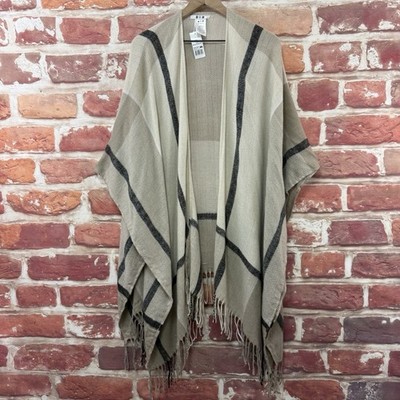 Three Dots Shawl Top Womens OS Plaid Multicolor Boho Armless Fringe Knit
