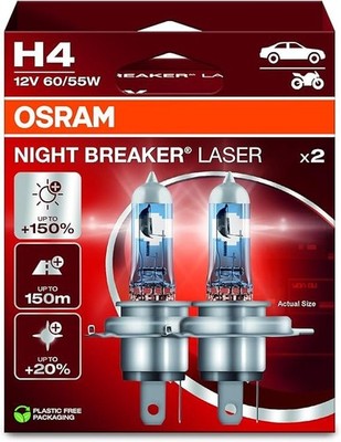 OSRAM NIGHT BREAKER LASER H4, +150% Brighter Halogen Headlight Lamp, 64193NL-2HB