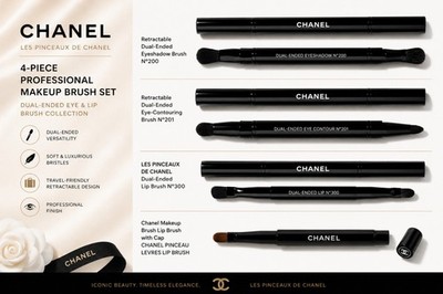 Chanel 4Pc Makeup Brush Dual-Ended Eyeshadow, Eye Contour & Lip Brushes with Cap