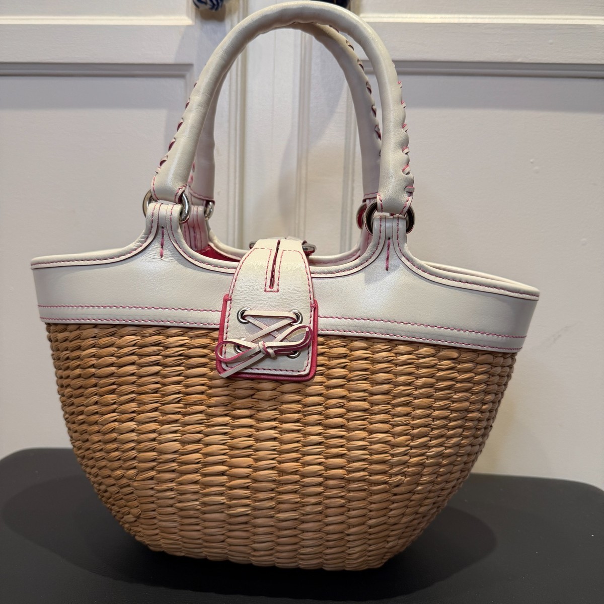 COACH Wicker Basket Purse White Leather, Pink Interior & Butterfly