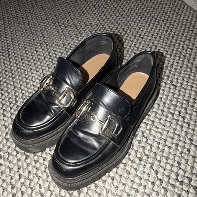 H&M Women's Black Faux Leather Slip-On Loafer Flats Buckle EU 40 US 9