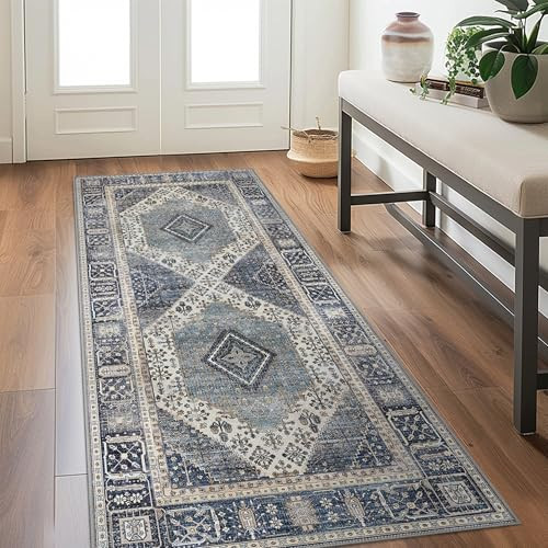 2x5 Flurläufer Teppich, Maschinenwaschbar Boho Vintage Läufer Non 2X5 Blau - Bild 1 von 6