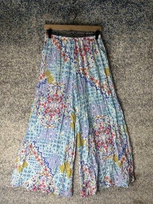 Luli Fama Pants Womens Small Blue Floral Chiffon Harem Elastic Waist Beach