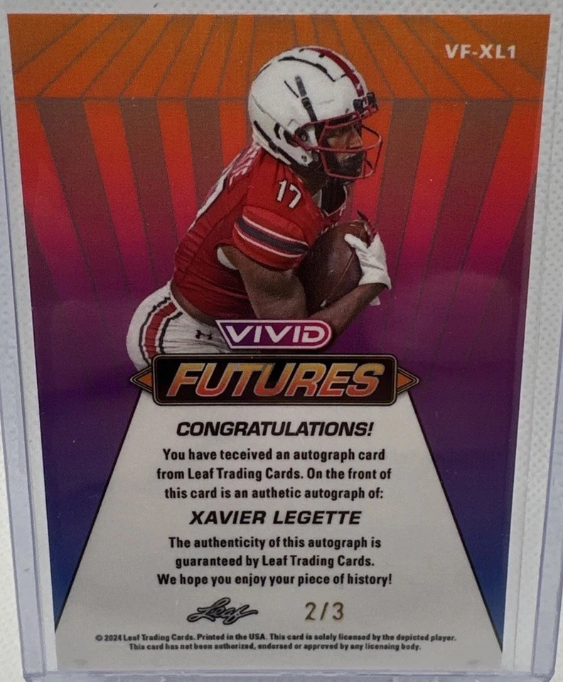 2024 Leaf Vivid Futures Xavier Legette Autograph #'d 2/3 - Image 2 of 3