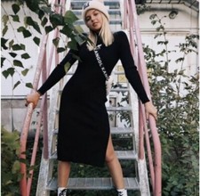 Kangol Knit Midi Sweater Dress Black Long Sleeve Side Slit Logo Women’s Large
