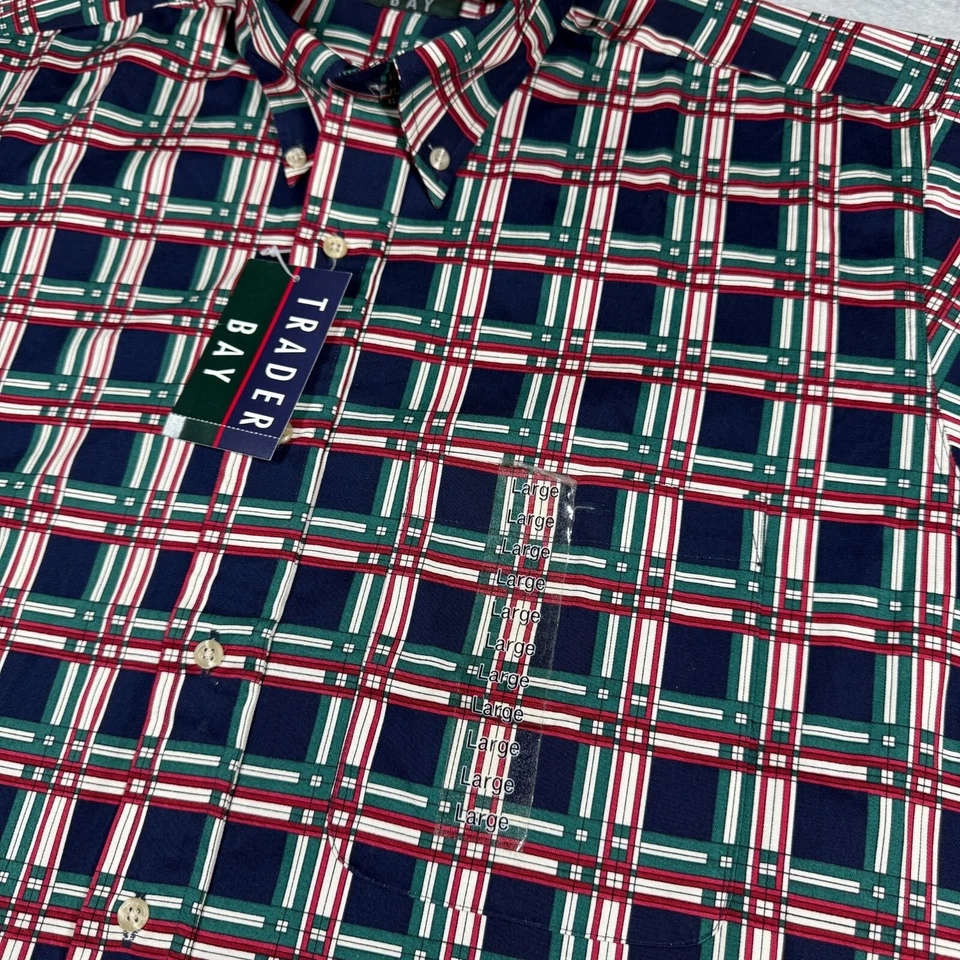 Trader Bay Button Shirt Mens L Navy Red Short Sleeve Cotton NWT Vintage Sears - Image 2 of 4