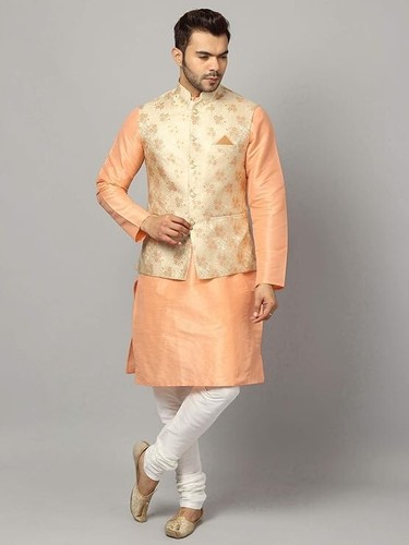 Men's Silk Blend Kurta & Churidar Pyjama With Ethnic Bundi Jacket | 3 In 1 | - Imagen 166 de 182