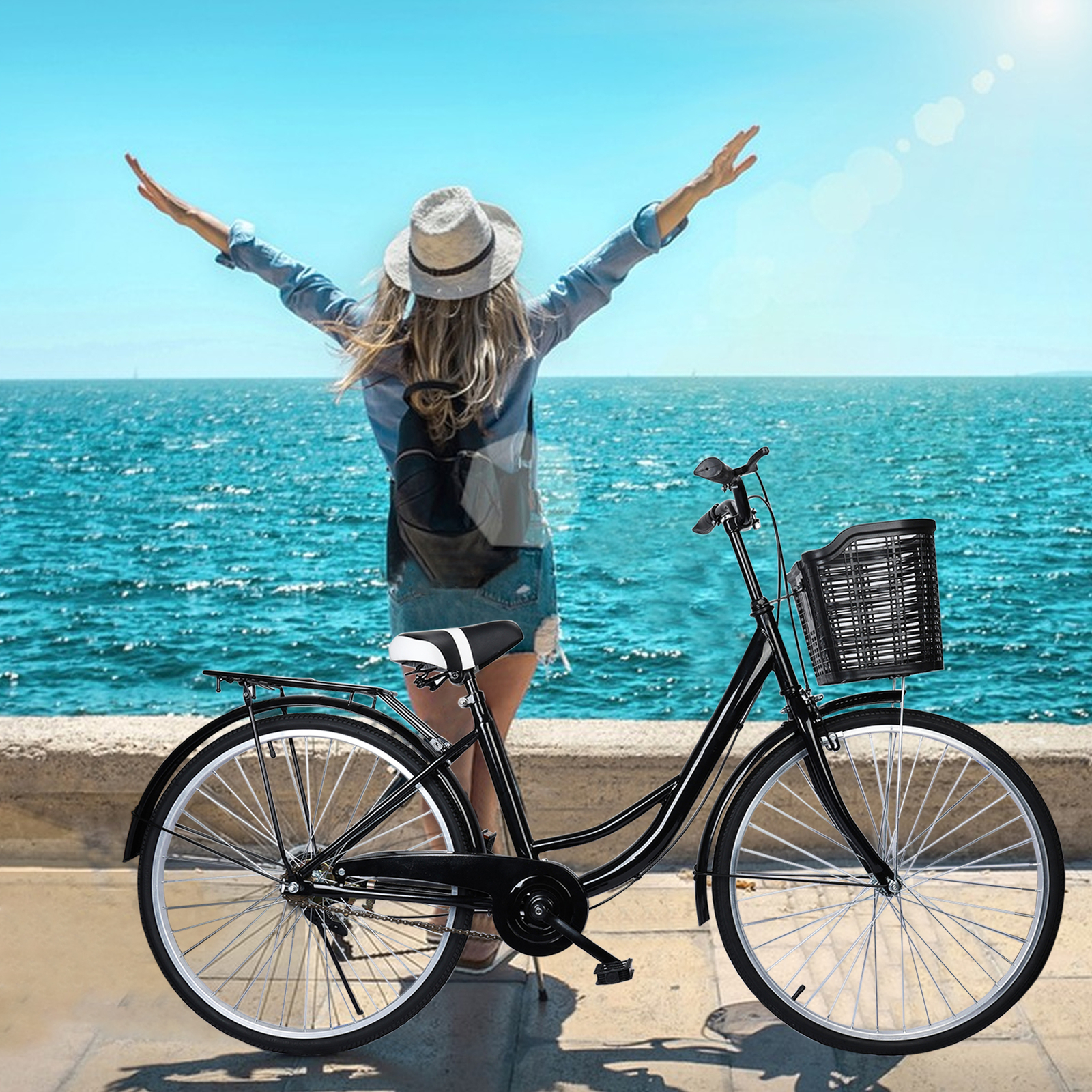 26 Inch Adult Cruiser Bicycle, Bike with Basket, Steel Frame Urban Bike