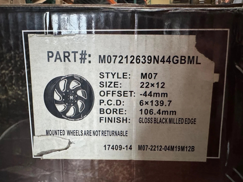 22" OFF ROAD MONSTER WHEELS STYLE M07 Black finish 6 lug 6x139.7 et -44 #106 - Image 4 of 4