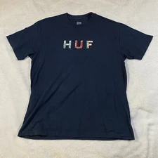 HUF Graphic Print Spellout Logo T-shirt Mens Large Navy Skateboarding Streetwear