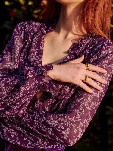 2025 Popular New Sezane Damen Blumen Shirt Bluse Top Chic V-Ausschnitt Shirt lila - Bild 1 von 19