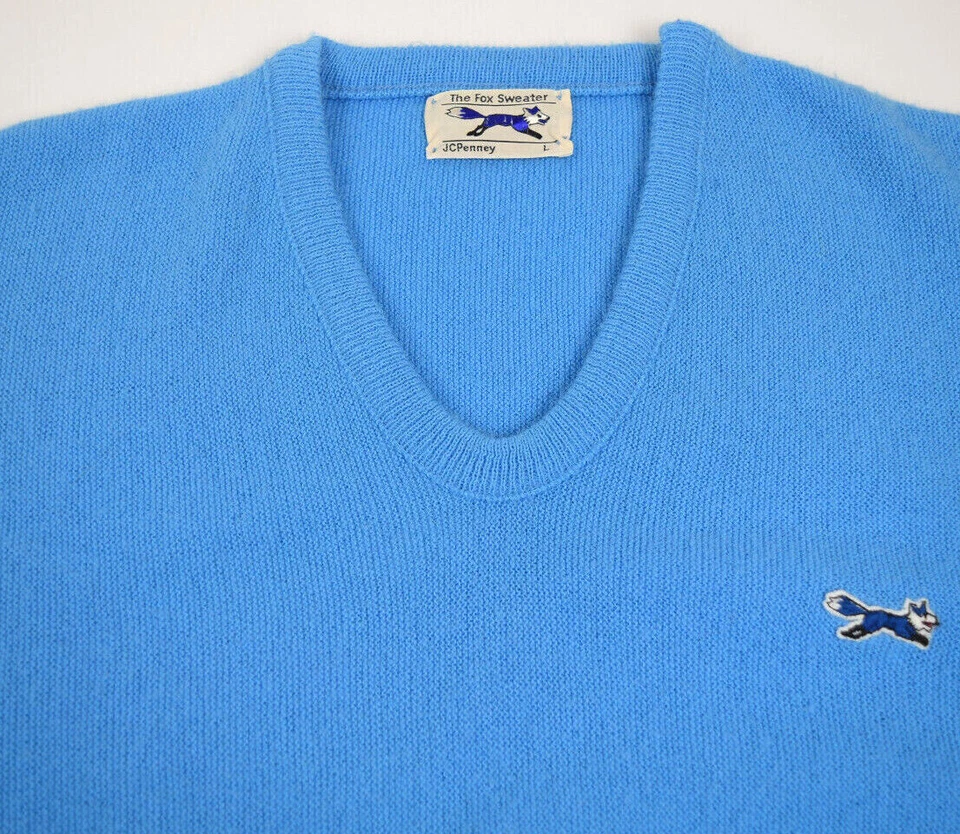 Suéter Vintage JCPenney El Zorro Talla M Años 70 80 Azul Cuello en V Cobain Especial Foto 4 de 4