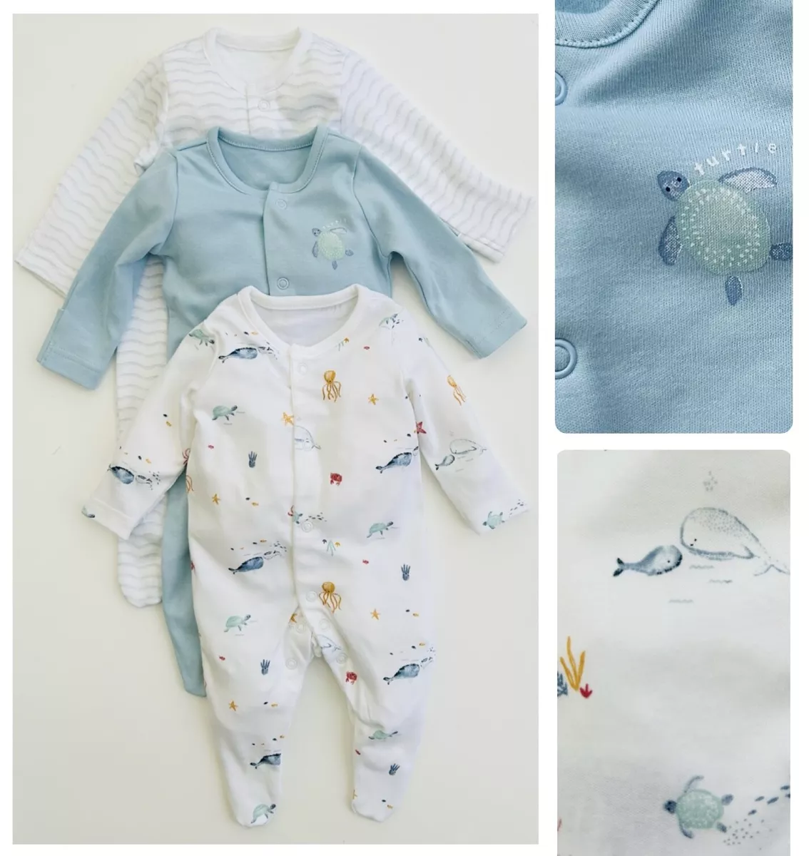 Baby Boys 3 Pack Sleepsuits Mothercare Blue Sea Life Pure Cotton Baby Grows NEW