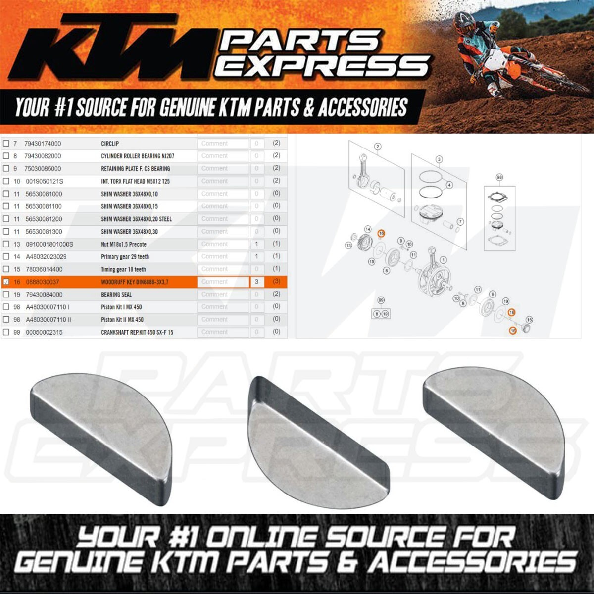 NEW OEM 3X KTM WOODRUFF KEYS DIN6888-3X3,7 450 SXF FACTORY 450 SXF