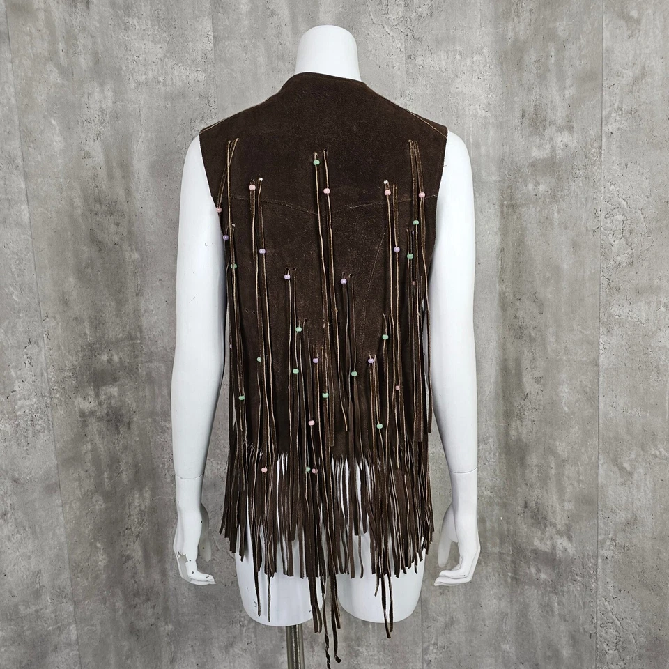 Vintage 70s Pioneer Wear Suede Fringe Vest Beaded Western Hippie Boho Festival - Image 4 of 4