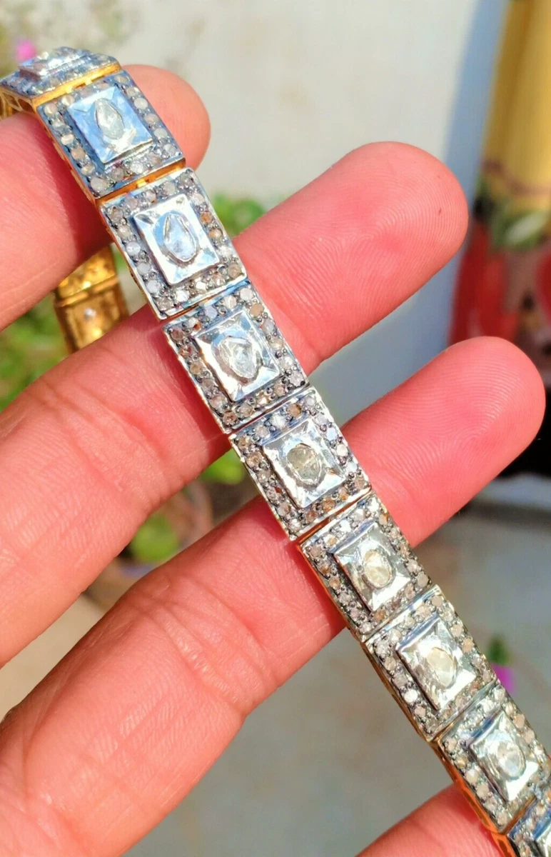 Polki Diamond Bracelet 925 Sterling Silver Slice Diamond Gold Polish Bracelet