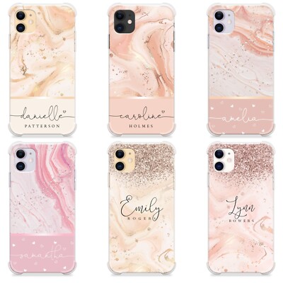Personalisierte Handyhülle Marmor Pfirsich Glitzer Name stoßfeste Abdeckung für iPhone