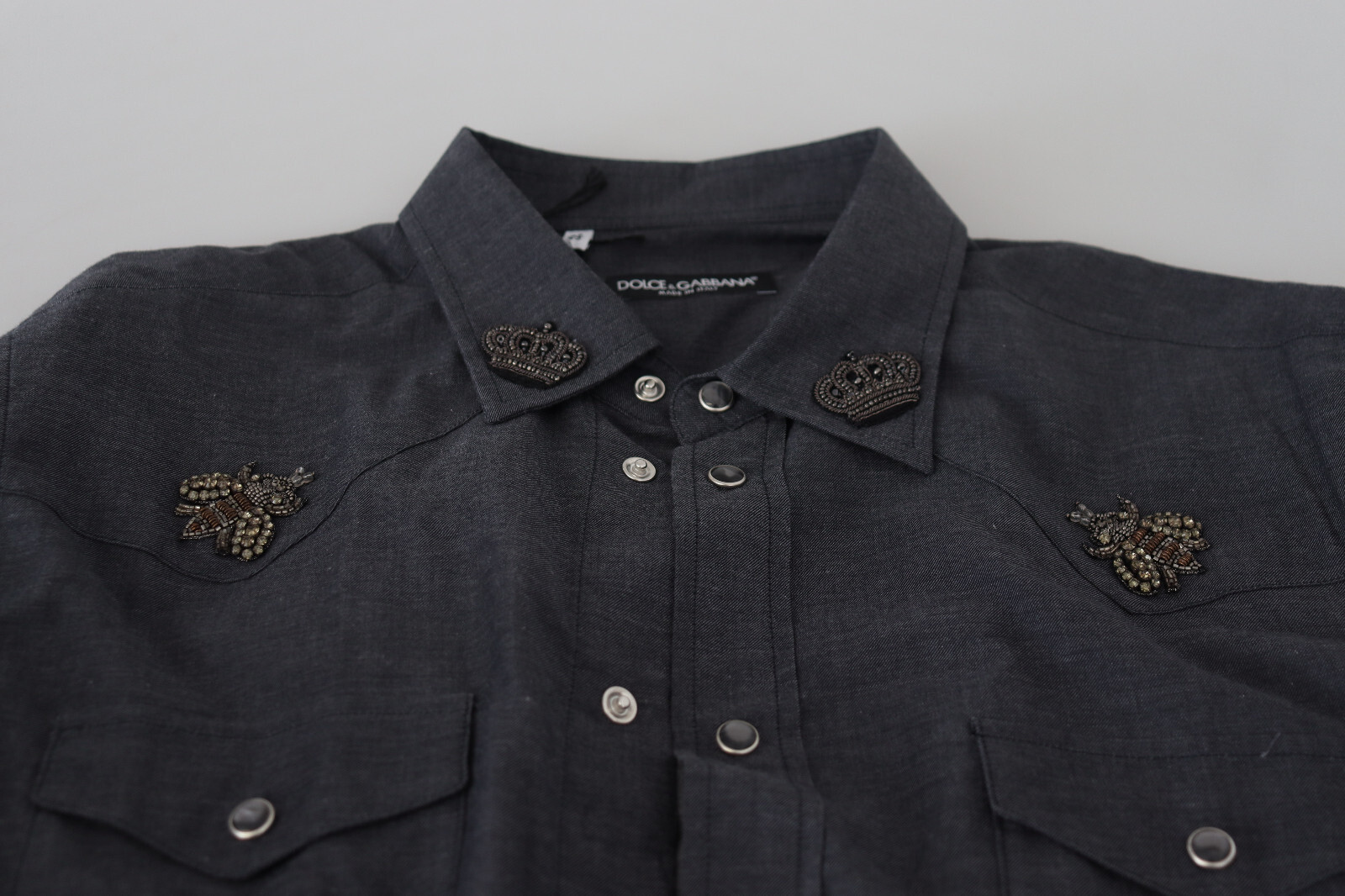 DOLCE & GABBANA Shirt Blue Cotton Denim Crystal Bee IT39/US15.5/S RRP 900usd image 6