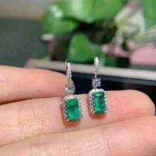 Natural Green Emerald 4Ct Emerald Cut Drop Dangle Earrings 14K White Gold Plated