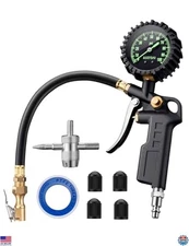 Tire Pressure Gauge with Inflator, 100 PSI, 2.5" Glow Dial, Heavy Duty Chuck
