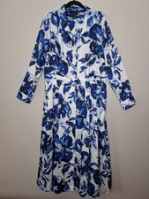 DKNY Size 16 Shirtdress Blue White Floral Long Sleeve Pockets Pleated Midi