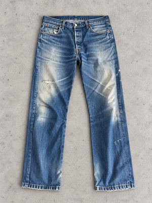 Levi s 501 Herren Jeans W34 L28 Blau Straight Leg Distressed Raw Hem Denim