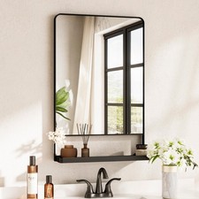 Black Metal Framed Vanity Mirror with Shelf for Wall, 18x28 Inch Rounded Rect...