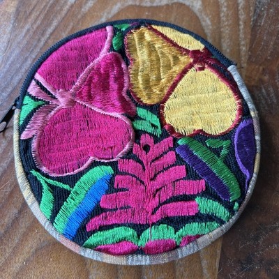 Floral Embroidered Canvas Coin Make-Up Pouch Handmade Bag Boho Round