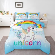 Blue Unicorn Comforter Set Twin for Girls Kids Bedding Set Cute Rainbow Unico...