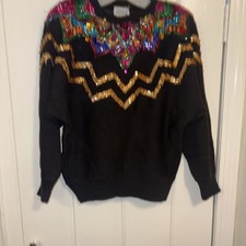 Vintage 80  s Vibrant Sequin Embellished Sweater Multicolored Size L Retro Evenin
