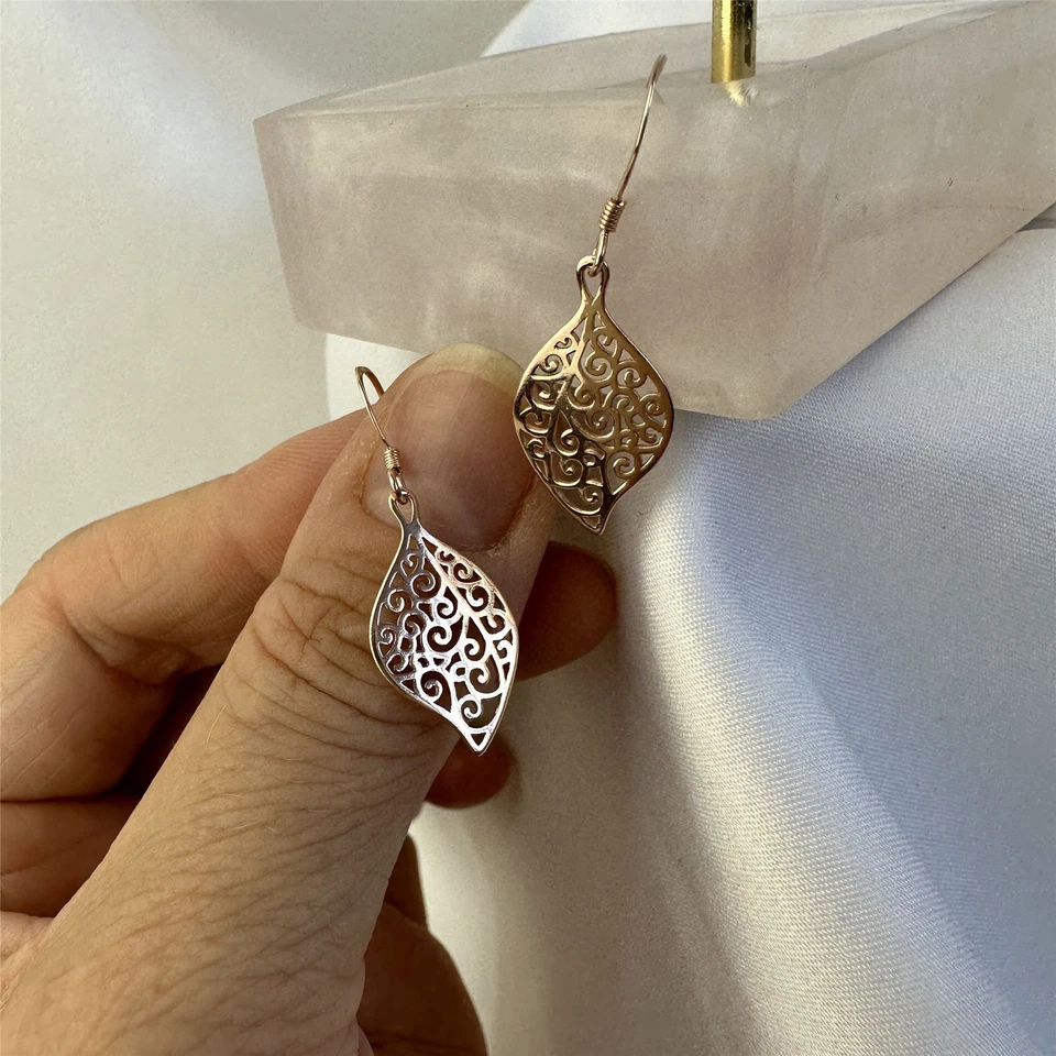 Boucles d'oreilles feuille filigrane en argent sterling plaqué or rose - Photo 4/4