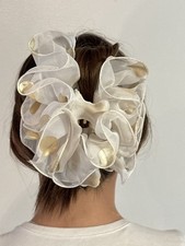 Large Chiffon Organza Flower Ruffle Style Hair Clip- White Gold Polka Dot