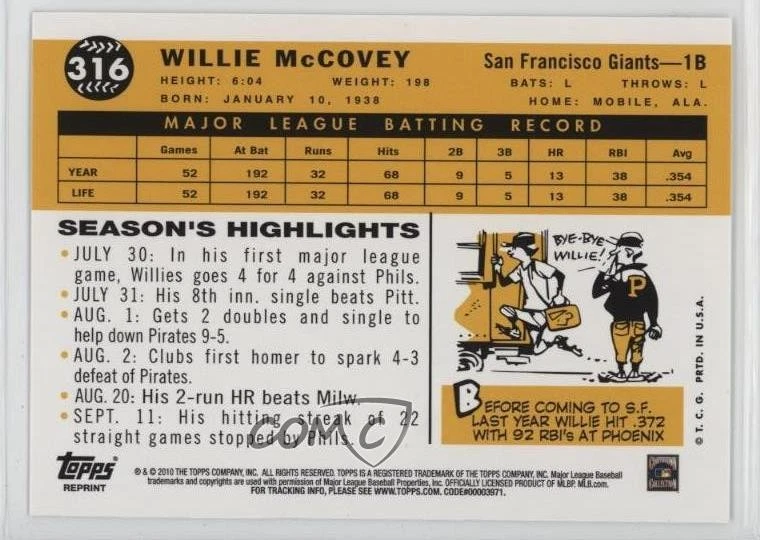 2010 Topps The Cards Your Mom Threw Out Original Back Willie McCovey #316 HOF - Image 2 of 2