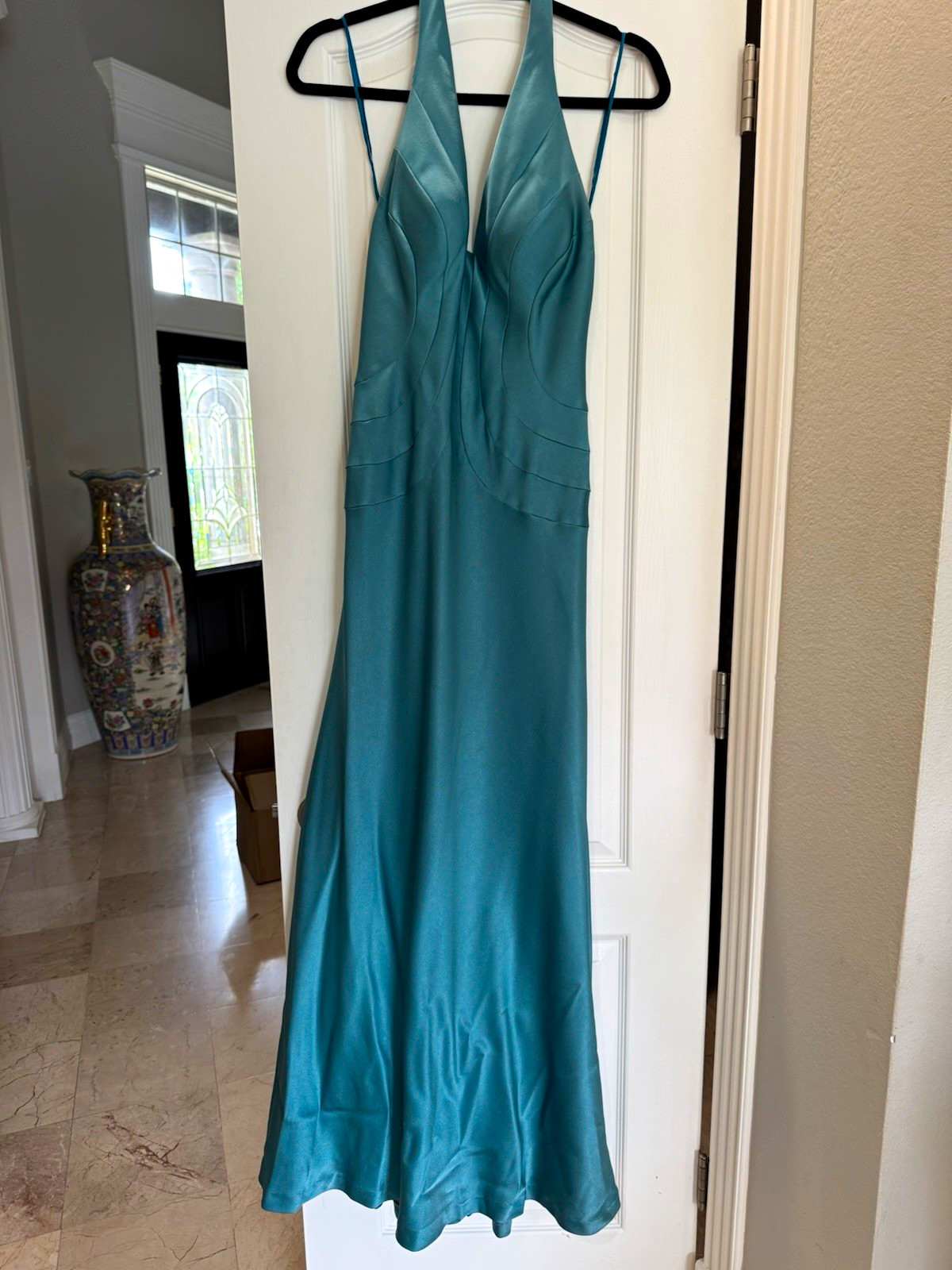 Sonia Blue Satin V-Neck Halter Sleeveless Long Maxi Dress Solid Zip Size 8