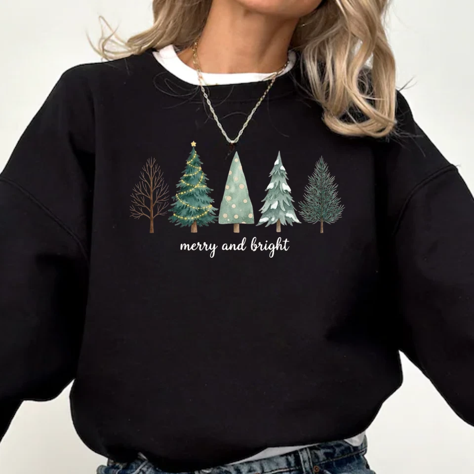 Merry and Bright Christmas Tree Shirt Holiday Tee Winter Sweatshirt Gift Women - Image 2 of 4