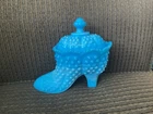 Fenton Blue Hobnail Shoe with Lid - Decorative Art Glass & Candy Dish