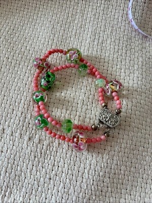 HANDARBEIT HANDARBEIT GRÜN ROSA LAMPWORK GLAS 925 STERLING SILBER ARMBAND