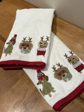 Jingles & Joy Christmas Embroidered Hand Towels, 3 Puppy Dogs in Sweaters Clean