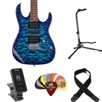 Ibanez Gio GRX70QA Electric Guitar Essentials Bundle - Transparent Blue Burst