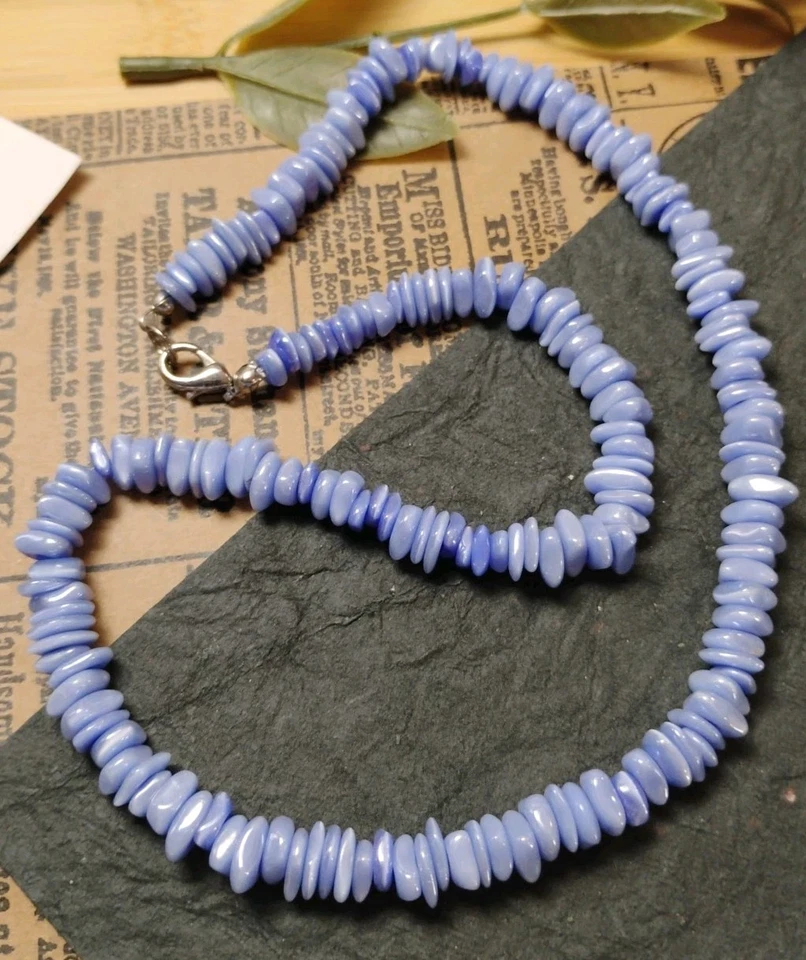 Boho/Surfer Vibe Iridiscente Esmaltado Periwinkle Azul ¿CALCEDONIA? Collar Chip 17" Foto 3 de 4