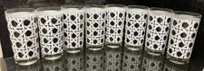 VTG Georges Briard Black & White Wicker Woven Tumbler high Ball Glasses set 8