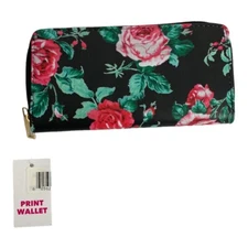Womens Wallet Zip Around Black Floral Roses Norm Core Clutch Billfold NEW