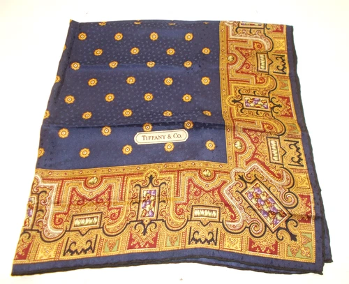 Lux Tiffany & Co Paisley Silk Scarf 34” Square Made in Italy Gold Navy Red